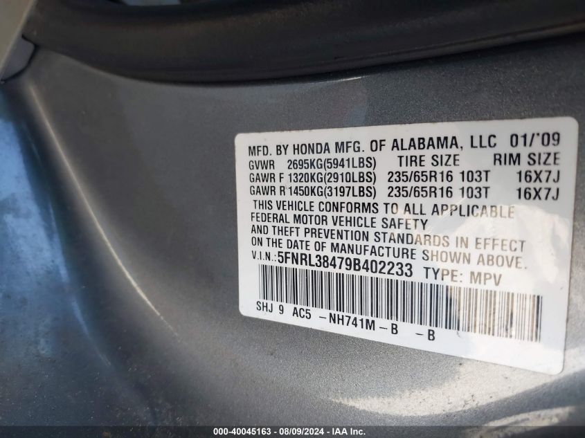 2009 Honda Odyssey Ex VIN: 5FNRL38479B402233 Lot: 40045163