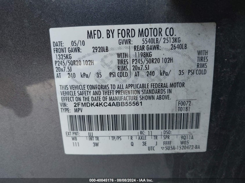 2010 Ford Edge Limited VIN: 2FMDK4KC4ABB55561 Lot: 40045176