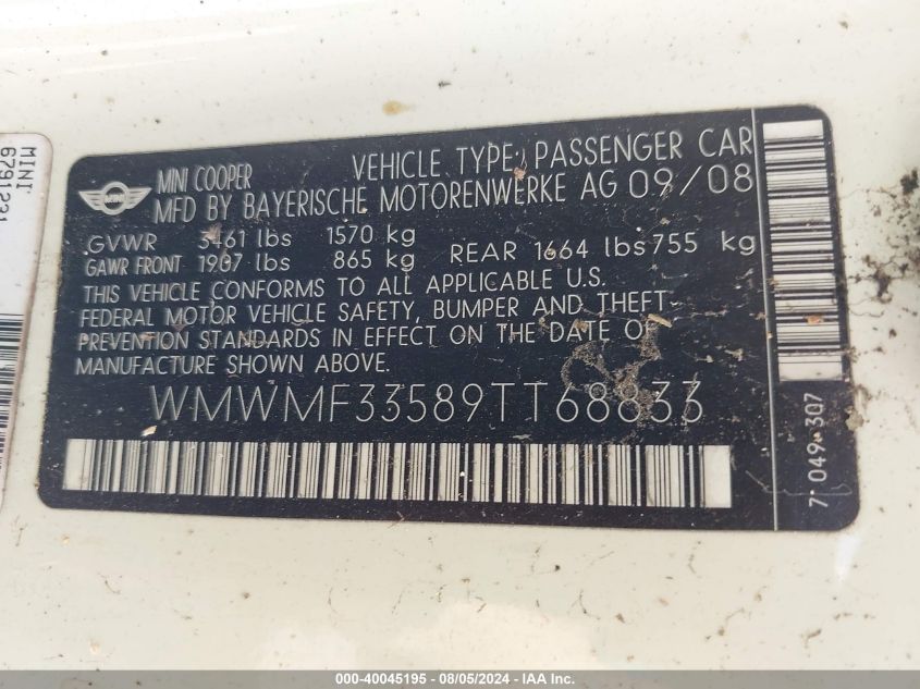 2009 Mini Cooper VIN: WMWMF33589TT68833 Lot: 40045195