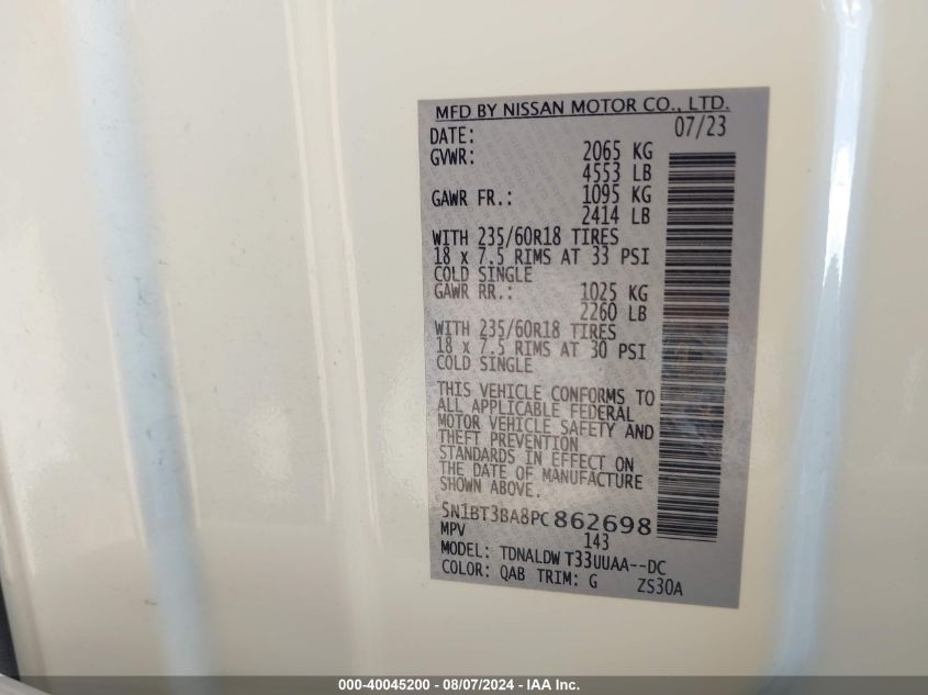 VIN 5N1BT3BA8PC862698 2023 NISSAN ROGUE SV FWD