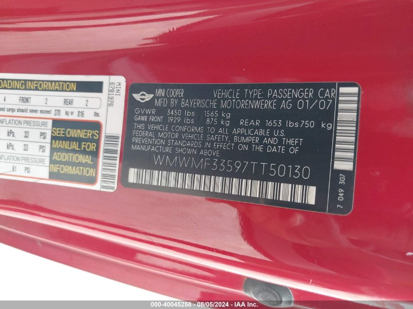 2007 Mini Cooper VIN: WMWMF33597TT50130 Lot: 40045258