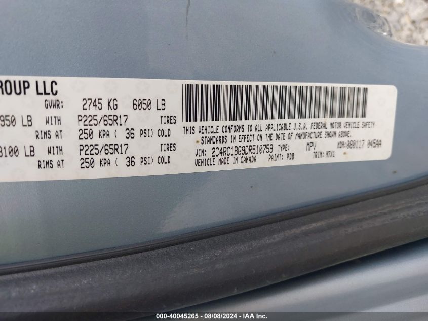 2013 Chrysler Town & Country Touring VIN: 2C4RC1BG9DR510759 Lot: 40045265