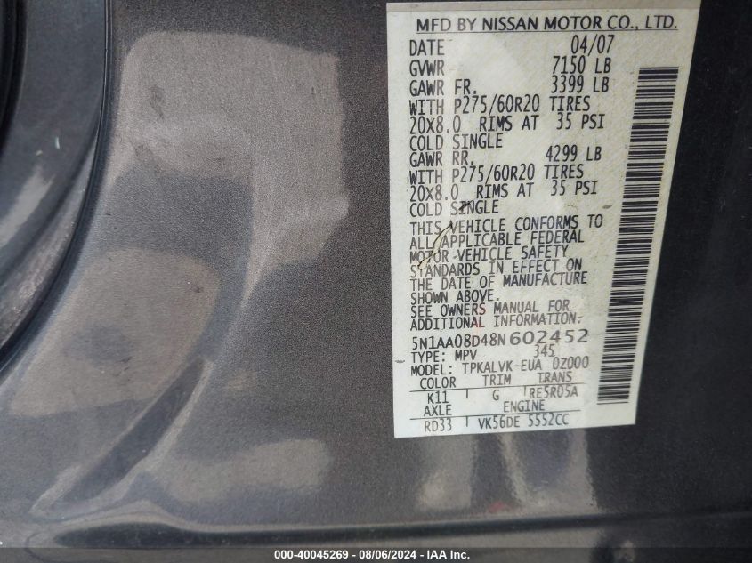 2008 Nissan Armada Le VIN: 5N1AA08D48N602452 Lot: 40045269