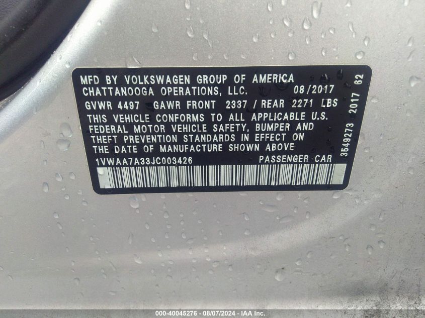 2018 Volkswagen Passat S/R-Line VIN: 1VWAA7A33JC003426 Lot: 40045276