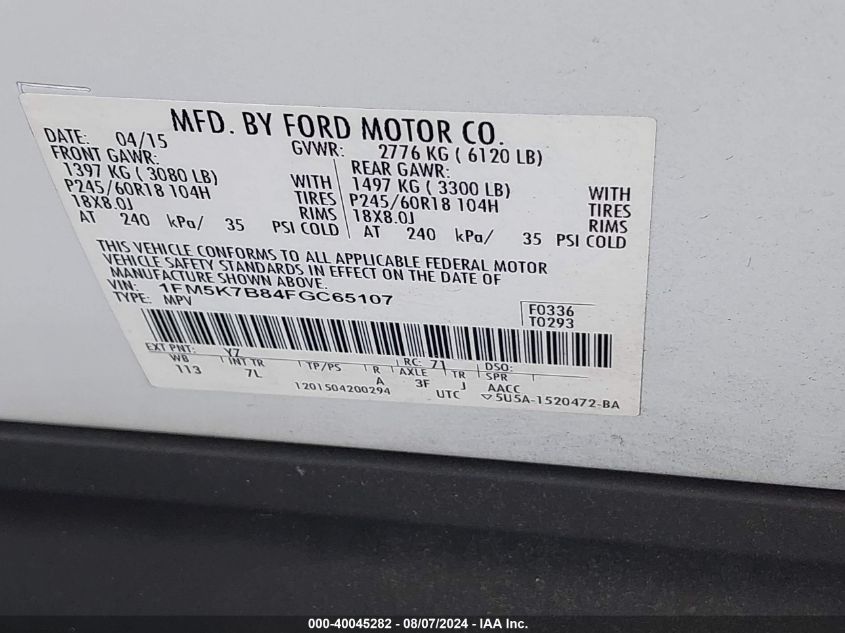 2015 Ford Explorer VIN: 1FM5K7B84FGC65107 Lot: 40045282