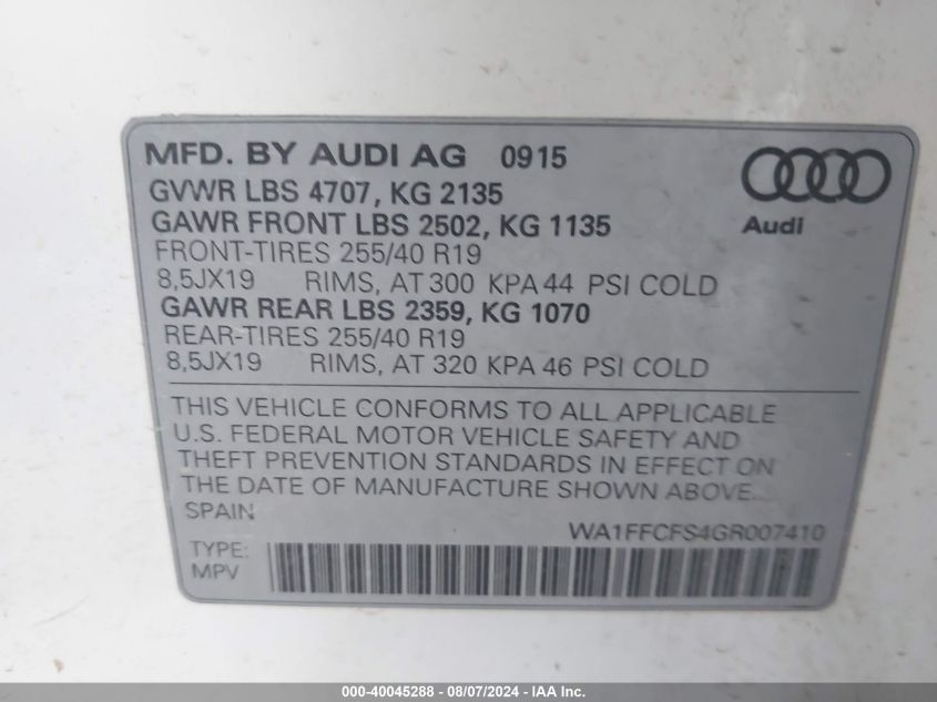 2016 Audi Q3 Prestige VIN: WA1FFCFS4GR007410 Lot: 40045288