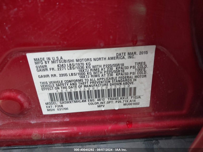 2015 Mitsubishi Outlander Sport Es VIN: 4A4AP3AW0FE028230 Lot: 40045292