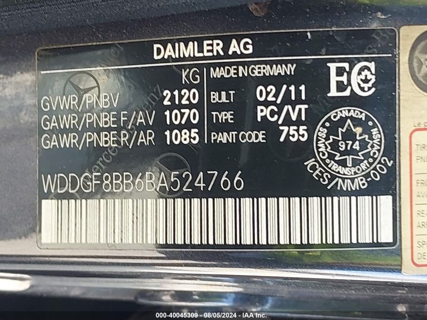 2011 Mercedes-Benz C 300 Luxury 4Matic/Sport 4Matic VIN: WDDGF8BB6BA524766 Lot: 40045309