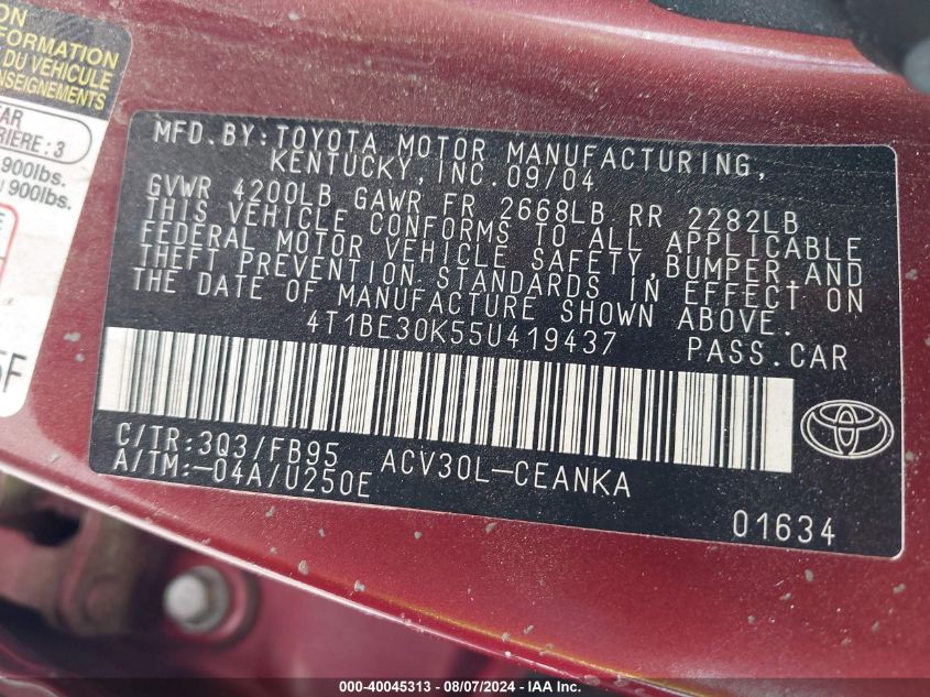 2005 Toyota Camry Le VIN: 4T1BE30K55U419437 Lot: 40045313