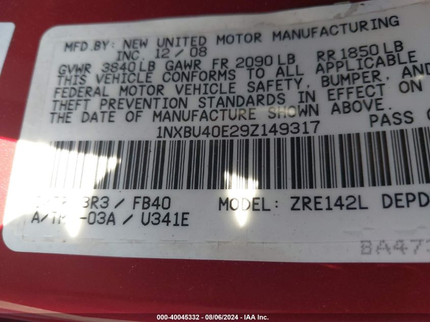 2009 Toyota Corolla Le VIN: 1NXBU40E29Z149317 Lot: 40045332