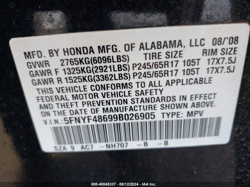 2009 Honda Pilot Ex-L VIN: 5FNYF48699B026905 Lot: 40045337