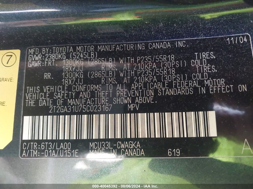 2005 Lexus Rx 330 330 VIN: 2T2GA31U75C023167 Lot: 40045392