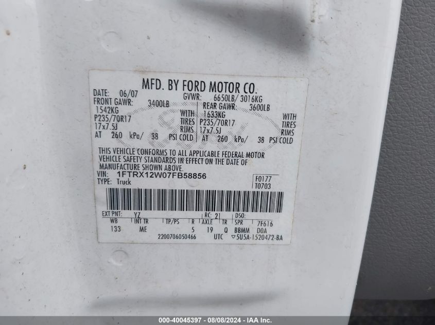 2007 Ford F150 VIN: 1FTRX12W07FB58856 Lot: 40045397