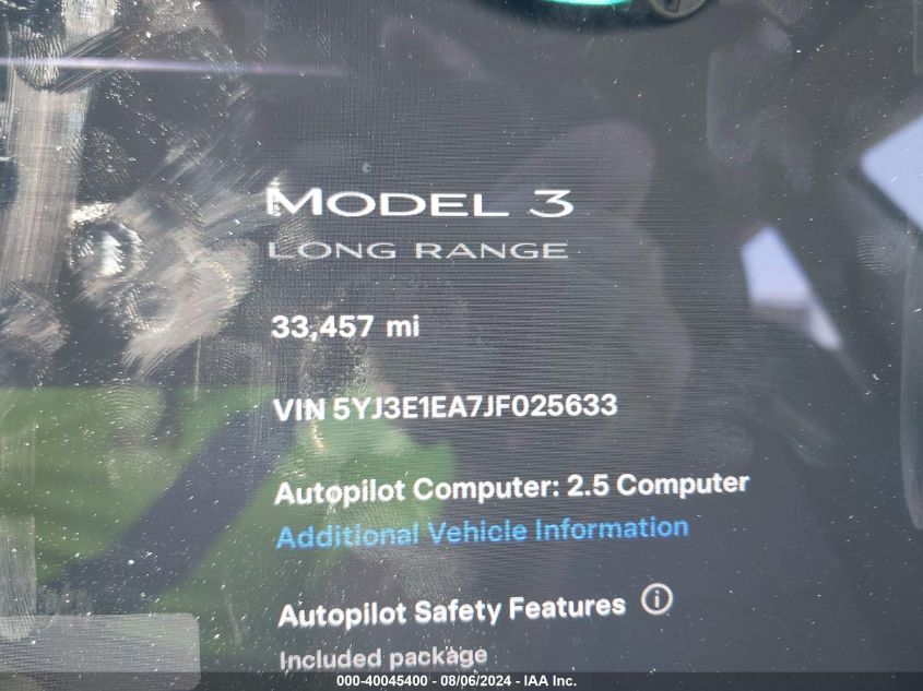 2018 Tesla Model 3 Long Range/Mid Range VIN: 5YJ3E1EA7JF025633 Lot: 40045400