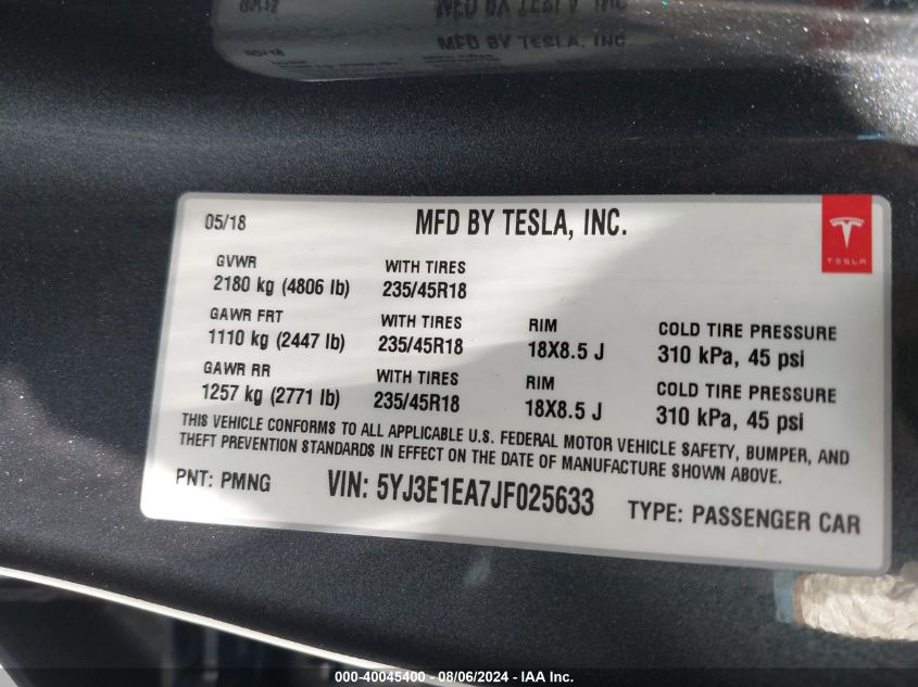 2018 Tesla Model 3 Long Range/Mid Range VIN: 5YJ3E1EA7JF025633 Lot: 40045400