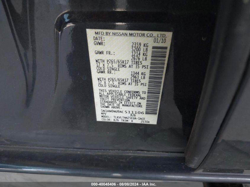 2010 Nissan Xterra Se VIN: 5N1AN0NU9AC511106 Lot: 40045406