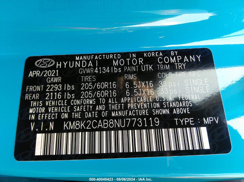 2022 Hyundai Kona Se VIN: KM8K2CAB8NU773119 Lot: 40045423