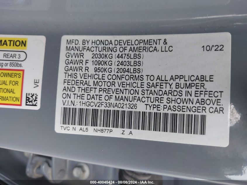 1HGCV2F33NA021326 2022 Honda Accord Sport 2.0T