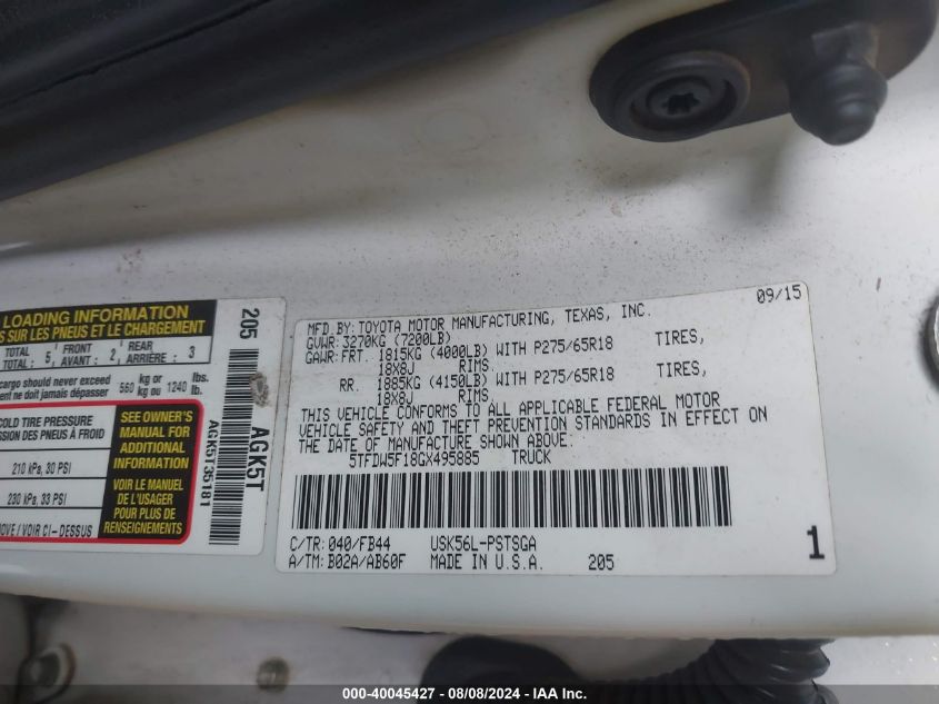 5TFDW5F18GX495885 2016 Toyota Tundra Sr5 5.7L V8