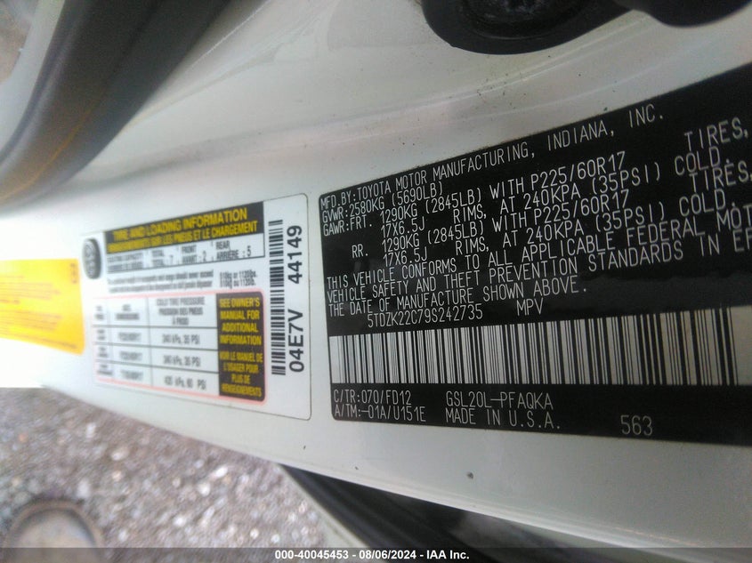 2009 Toyota Sienna Xle/Xle Limited VIN: 5TDZK22C79S242735 Lot: 40045453