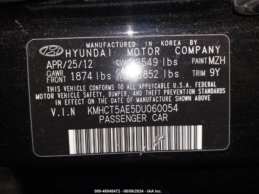 2013 Hyundai Accent Gs VIN: KMHCT5AE5DU060054 Lot: 40045472