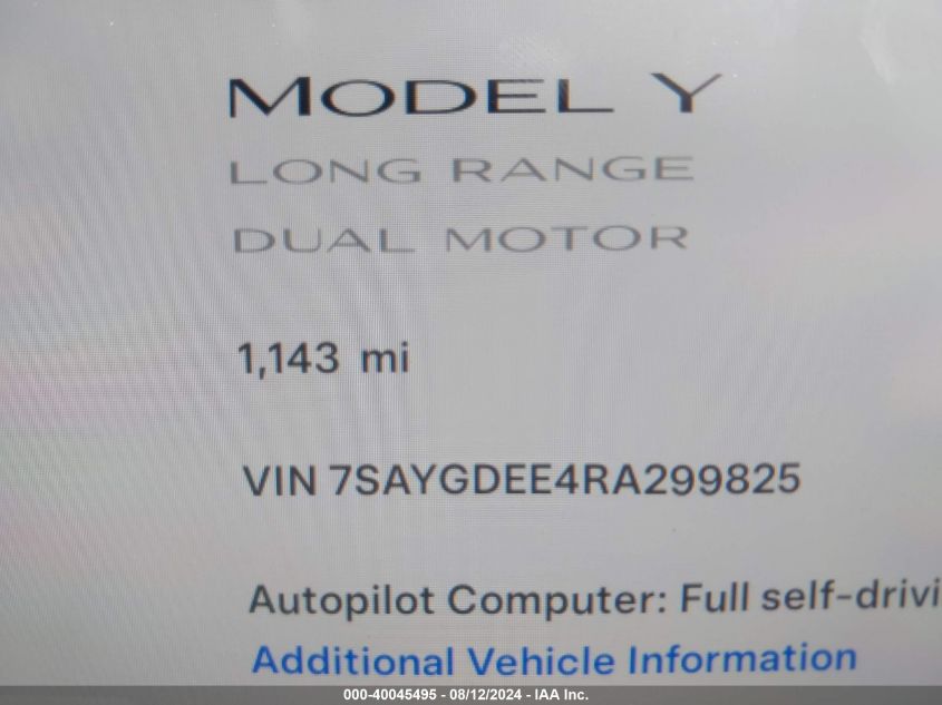 2024 Tesla Model Y Long Range Dual Motor All-Wheel Drive VIN: 7SAYGDEE4RA299825 Lot: 40045495