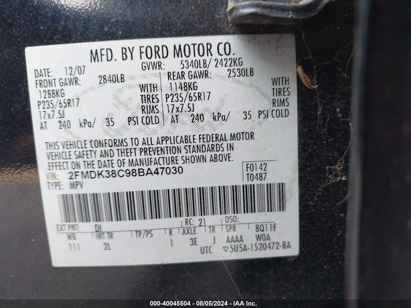 2008 Ford Edge Sel VIN: 2FMDK38C98BA47030 Lot: 40045504