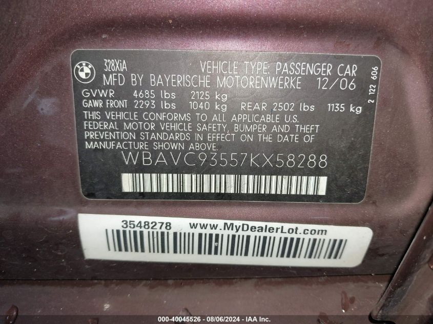2007 BMW 328Xi VIN: WBAVC93557KX58288 Lot: 40045526