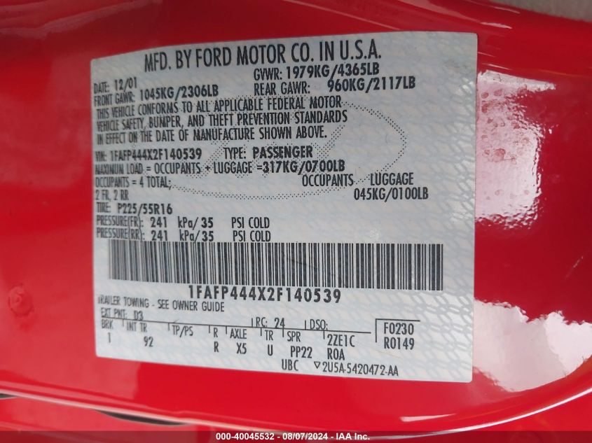 2002 Ford Mustang VIN: 1FAFP444X2F140539 Lot: 40045532
