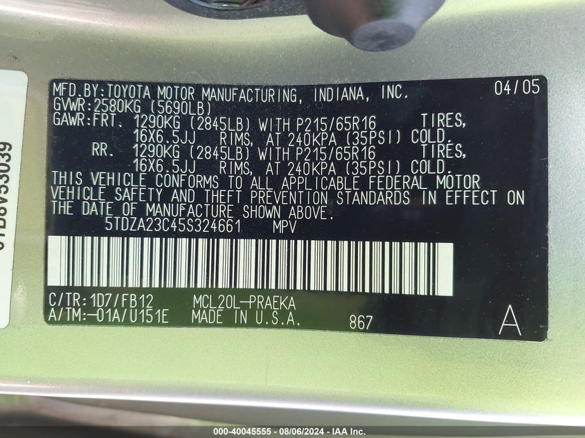 2005 Toyota Sienna Le VIN: 5TDZA23C45S324661 Lot: 40045555