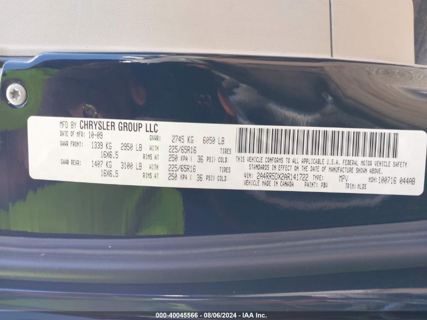 2010 Chrysler Town & Country Touring VIN: 2A4RR5DX2AR141722 Lot: 40045566