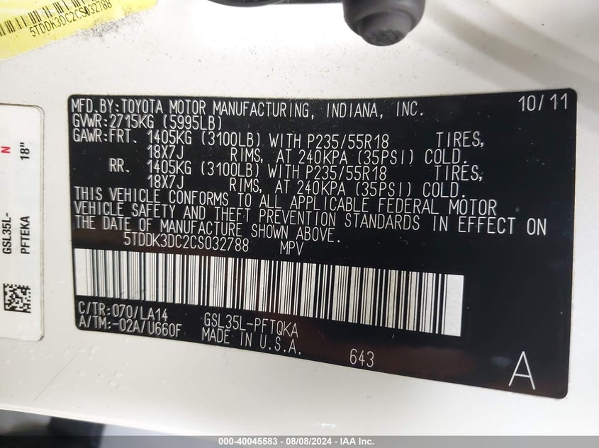 2012 Toyota Sienna Xle/Ltd VIN: 5TDDK3DC2CS032788 Lot: 40045583