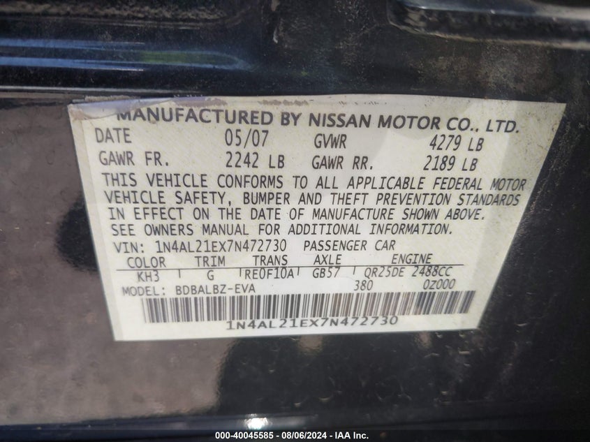 2007 Nissan Altima 2.5 S VIN: 1N4AL21EX7N472730 Lot: 40045585