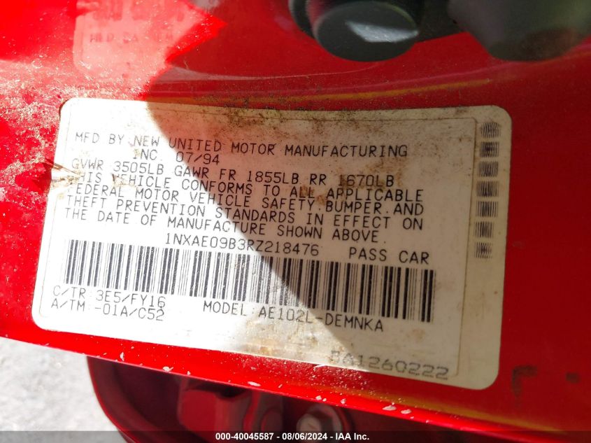 1994 Toyota Corolla Le/Dx VIN: 1NXAE09B3RZ218476 Lot: 40045587