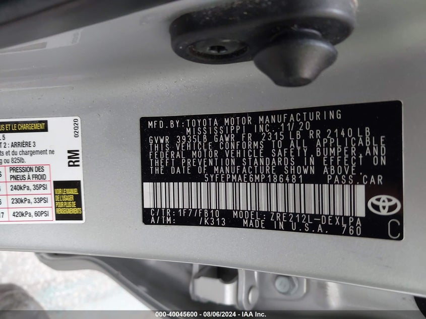 2021 TOYOTA COROLLA 1.8L I-4 DOHC, VVT, (VIN: 5YFEPMAE6MP186481