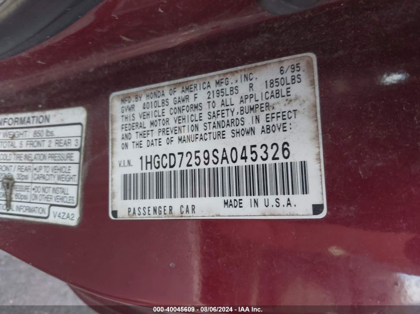 1995 Honda Accord Ex VIN: 1HGCD7259SA045326 Lot: 40045609