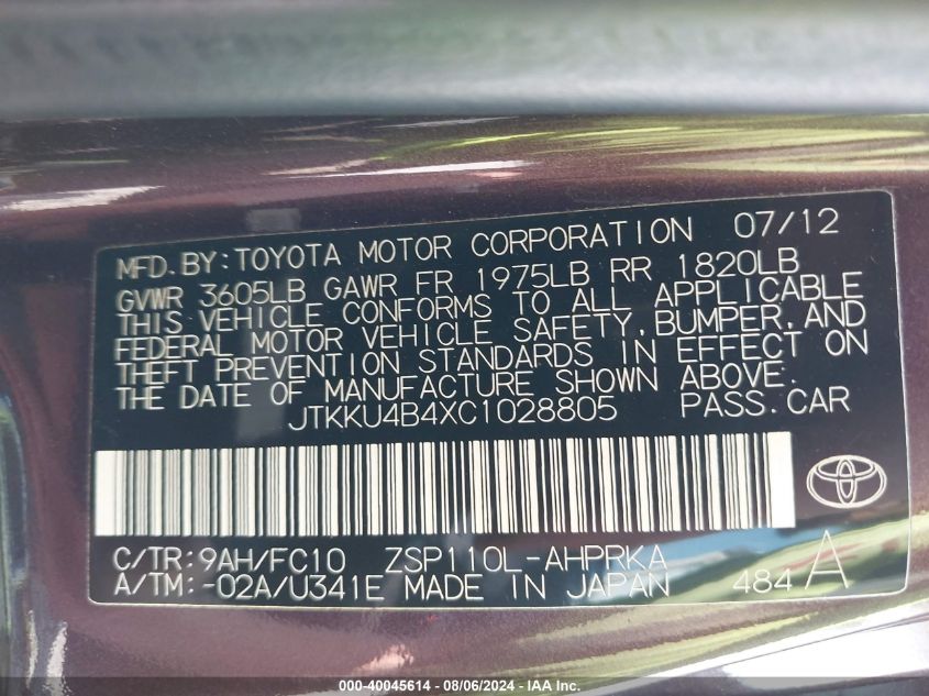 2012 Scion Xd VIN: JTKKU4B4XC1028805 Lot: 40045614