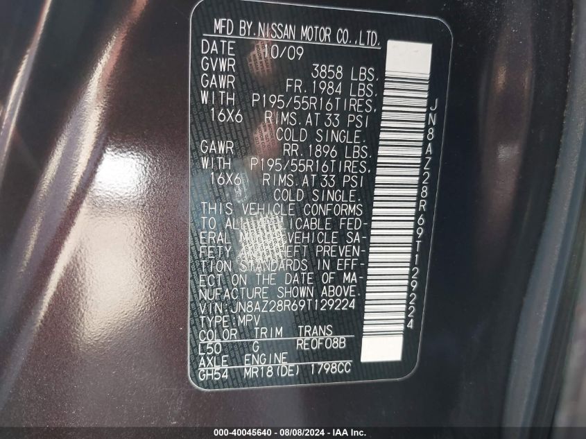 2009 Nissan Cube 1.8 Krom VIN: JN8AZ28R69T129224 Lot: 40045640