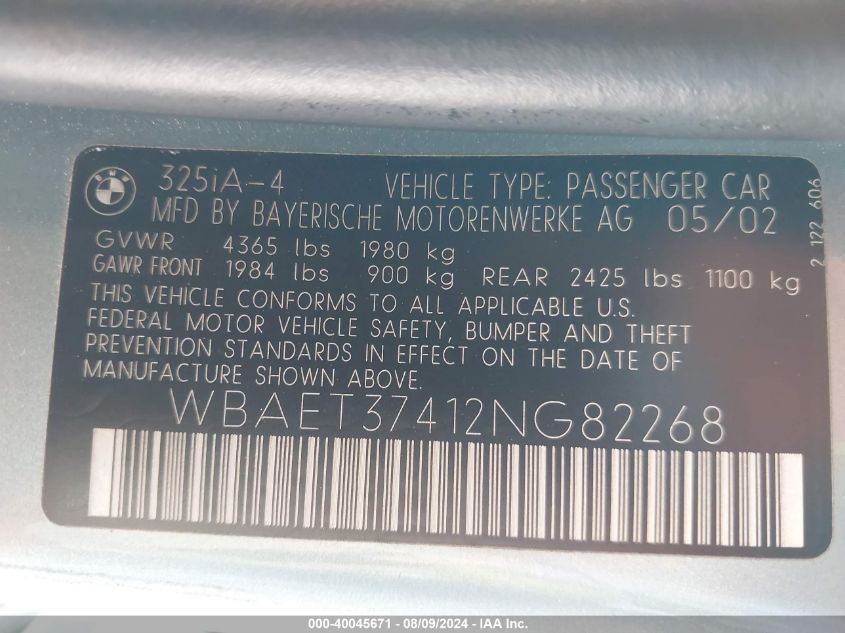 2002 BMW 325I VIN: WBAET37412NG82268 Lot: 40045671