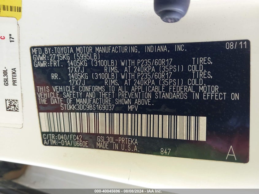 2011 Toyota Sienna Le V6 VIN: 5TDKK3DC9BS169037 Lot: 40045696