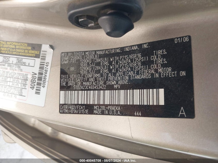 2006 Toyota Sienna Le VIN: 5TDZA23C46S453422 Lot: 40045708