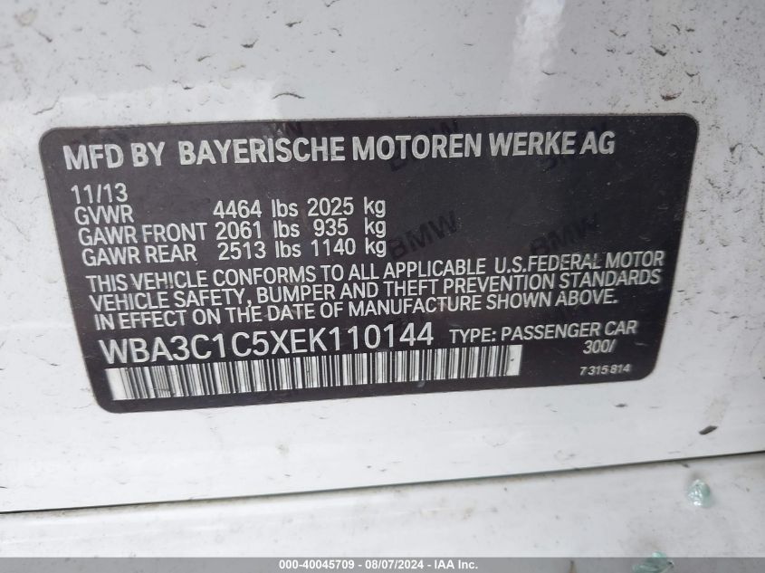 2014 BMW 328I VIN: WBA3C1C5XEK110144 Lot: 40045709