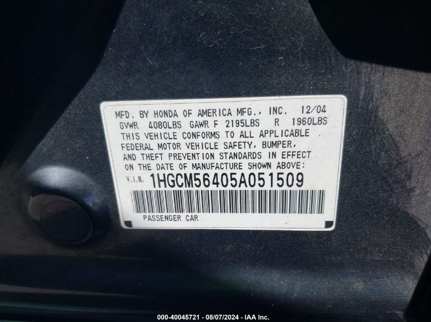 2005 Honda Accord Lx VIN: 1HGCM56405A051509 Lot: 40045721