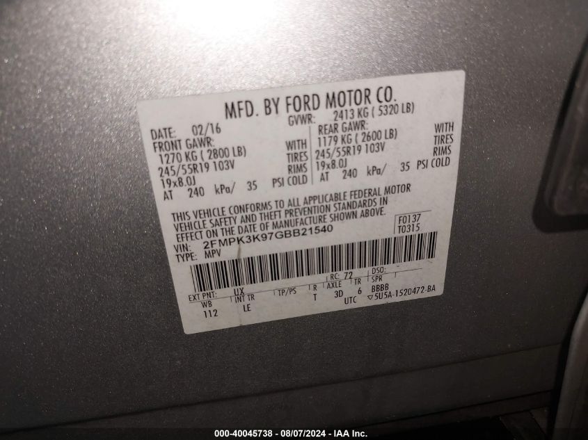 2016 Ford Edge Titanium VIN: 2FMPK3K97GBB21540 Lot: 40045738