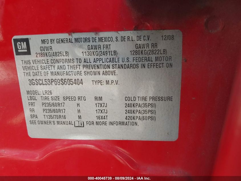 2009 Saturn Vue Xr4 VIN: 3GSCL53P69S605404 Lot: 40045739