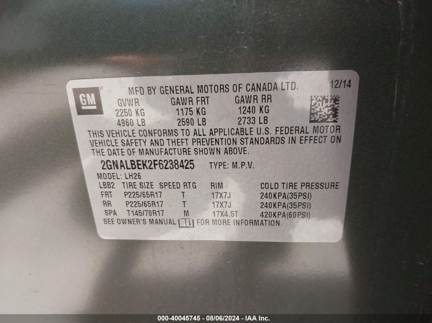 2015 Chevrolet Equinox Lt VIN: 2GNALBEK2F6238425 Lot: 40045745