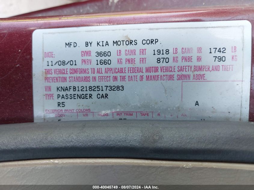 2002 Kia Spectra Ls VIN: KNAFB121825173283 Lot: 40045749