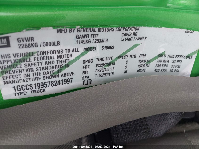 2007 Chevrolet Colorado Ls/Lt/Work Truck VIN: 1GCCS199578241997 Lot: 40045804