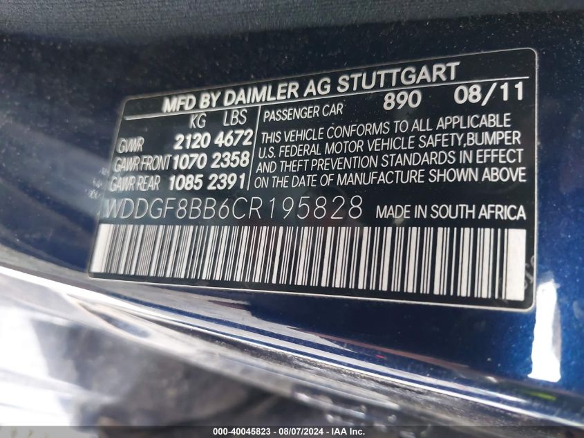 2012 Mercedes-Benz C 300 Luxury 4Matic/Sport 4Matic VIN: WDDGF8BB6CR195828 Lot: 40045823