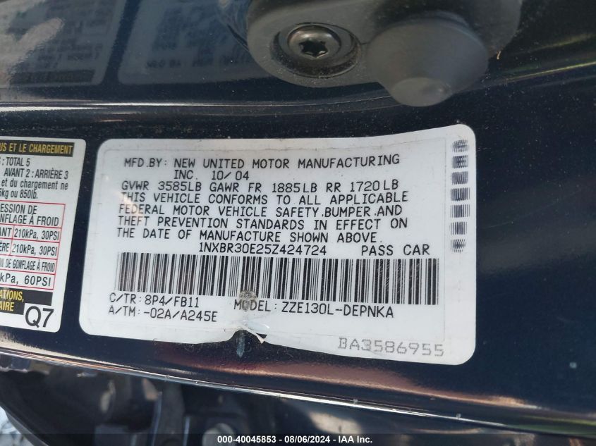 2005 Toyota Corolla Le VIN: 1NXBR30E25Z424724 Lot: 40045853